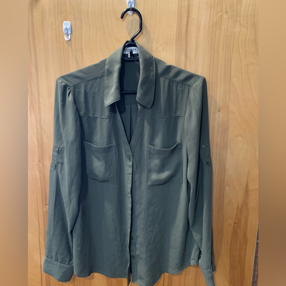 Business casual drape army green silky blouse
